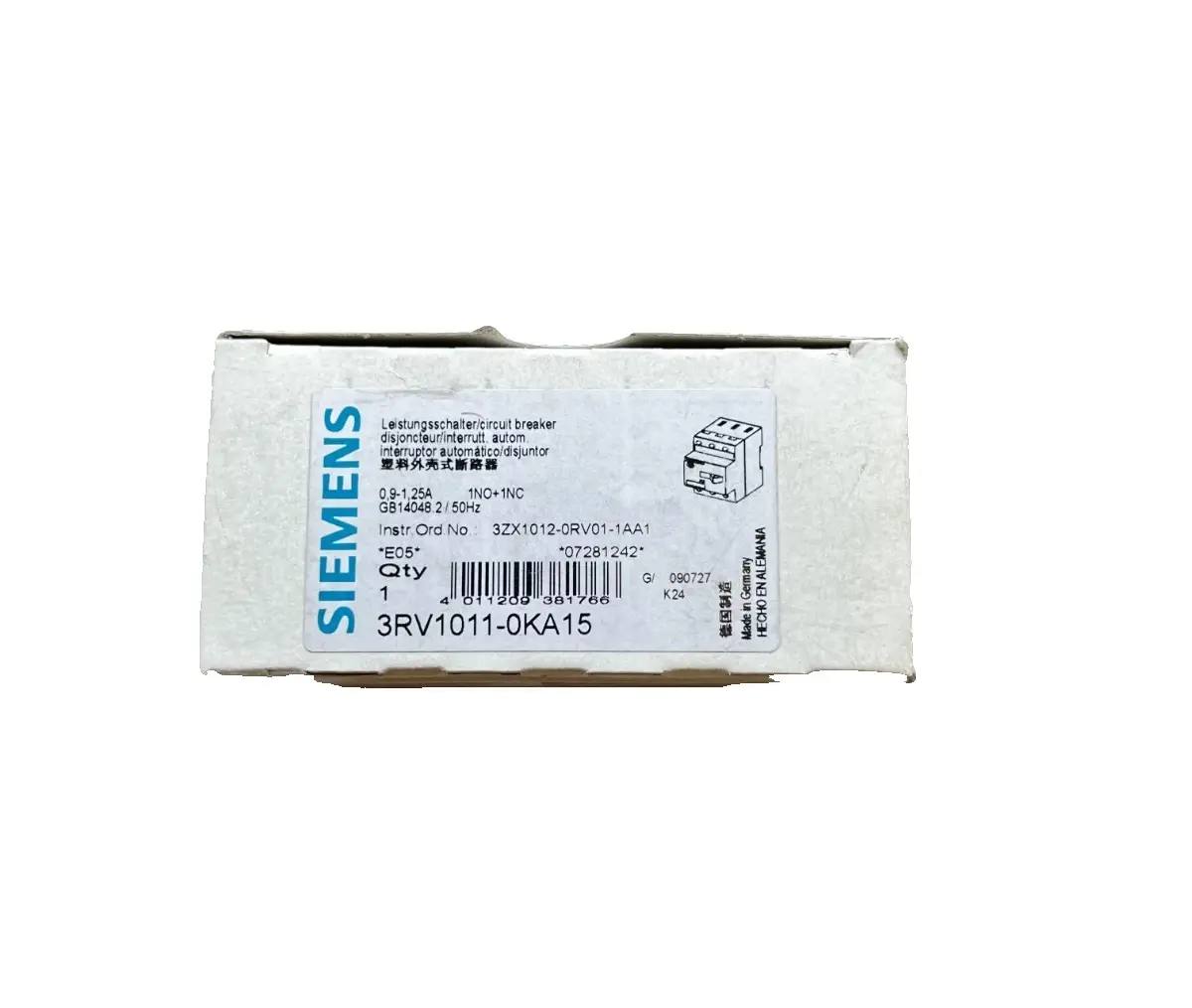 Siemens Circuit Breaker Motor Protection 0.9-1.25A 3RV1011-0KA15 (40001142) Image 2